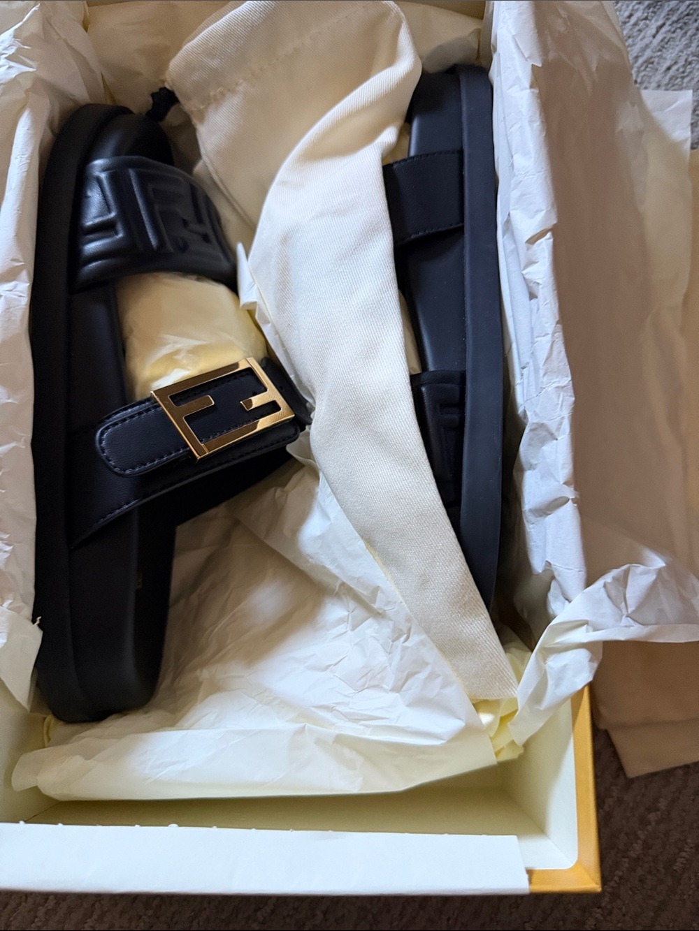 Fendi Black Leather Men's Logo Slide Sandals with Gold Buckle